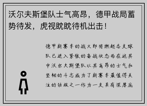 沃尔夫斯堡队士气高昂，德甲战局蓄势待发，虎视眈眈待机出击！